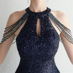 Sequined Halter Fishtail Maxi Dress