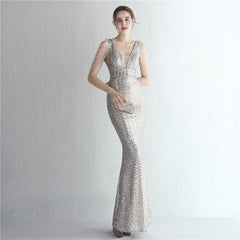 Sequined V-Neck Fishtail Maxi Dress