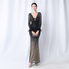 Ostrich Feather Gradient Sequin Maxi Dress