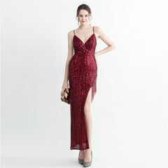 Beaded Sequin Side-Slit Maxi Dress