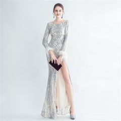Sequin Feather Fishtail Maxi Dress
