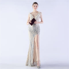 Ostrich Feather Beaded Maxi Dress