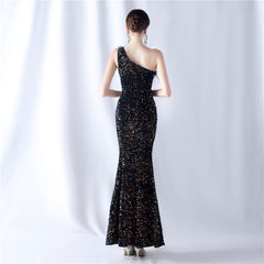 One-Shoulder Feathered Sequin Maxi Dress
