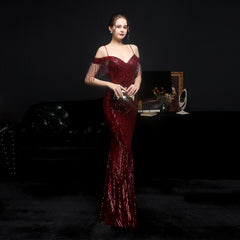 Sequined V-Neck Fishtail Dress