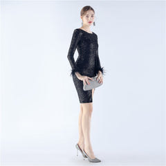 Backless Feathered Sequined Beaded Bodycon Dress