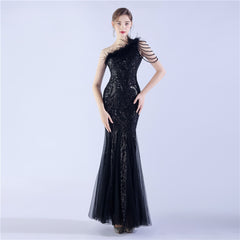 Beaded Sequined Ostrich Feather Maxi Dress