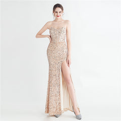 Sequin Boned Strapless Split Maxi Dress