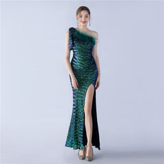 Sequined One-Shoulder Ostrich-Feather Maxi Dress