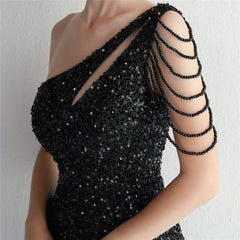 One-Shoulder Sequined Beaded Fishtail Maxi Dress