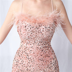 Feathered Sequin Backless Maxi Dress