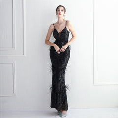Elegant Sequin Beaded Fishtail Maxi Dress