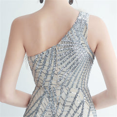 One-Shoulder Sequin Feather Maxi Dress