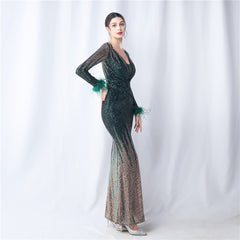 Ostrich Feather Gradient Sequin Maxi Dress