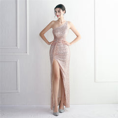 Sequin One-Shoulder Fishtail Maxi Dress