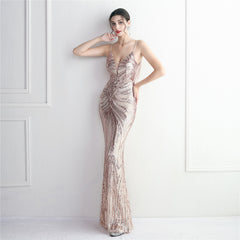 V-Neck Sequined Beaded Maxi Dress