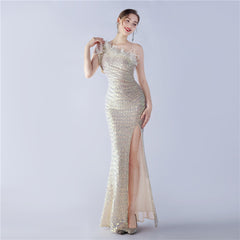 Sequined One-Shoulder Ostrich-Feather Maxi Dress