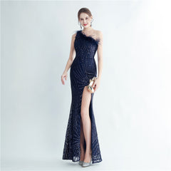 One-Shoulder Sequin Feather Maxi Dress