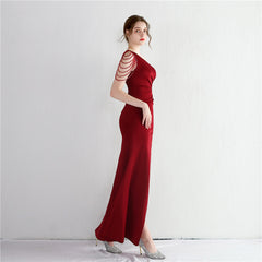 Beaded One-Shoulder Fishtail Maxi Dress