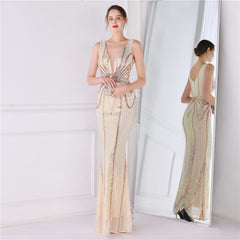 Sequined V-Neck Fishtail Maxi Dress