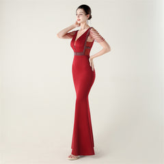 Beaded Deep-V Bodycon Maxi Dress