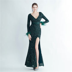 Sequined Feather Cuff Fishtail Maxi Dress