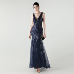 Backless Sequined Fishtail Maxi Dress