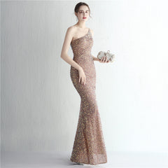 One-Shoulder Sequined Fishtail Split Maxi Dress