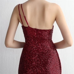 Sequin One-Shoulder Fishtail Maxi Dress