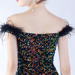 Off-Shoulder Sequin Feather Maxi Dress