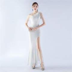 One-Shoulder Ombre Sequin Feather Dress