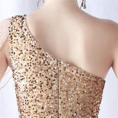 One-Shoulder Beaded Sequin Split Maxi Dress