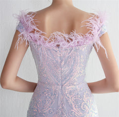 Off-Shoulder Sequined Feather Maxi Dress