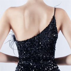 One-Shoulder Sequin Feather Maxi Dress