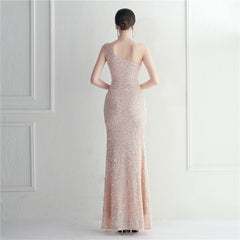 Ostrich Feather One-Shoulder Sequined Maxi Dress