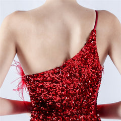 One-Shoulder Sequin Feather Maxi Dress
