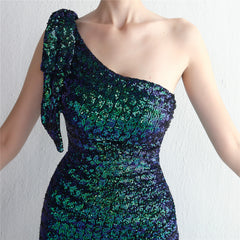 Sequined One-Shoulder Fishtail Maxi Dress