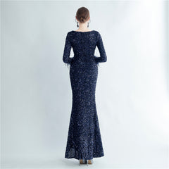 Sequined Feather Cuff Fishtail Maxi Dress