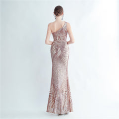 One-Shoulder Sequin Feather Maxi Dress