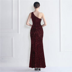 One-Shoulder Sequined Fishtail Maxi Dress