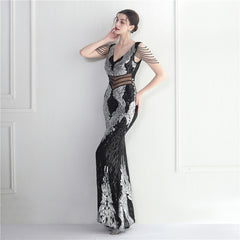 Sequined Beaded Fishtail Maxi Dress