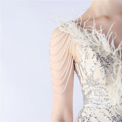 Ostrich Feather Beaded Maxi Dress