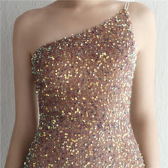 One-Shoulder Sequined Fishtail Split Maxi Dress