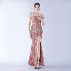Off-Shoulder Sequin Feather Maxi Dress
