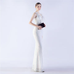 Ostrich Feather Beaded Maxi Dress