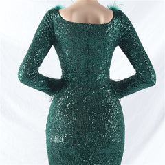 Ostrich Feather Sequin Split Maxi Dress