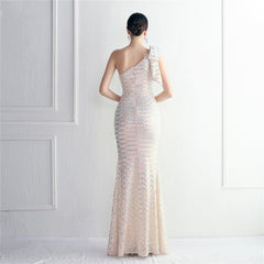 Sequined One-Shoulder Fishtail Maxi Dress
