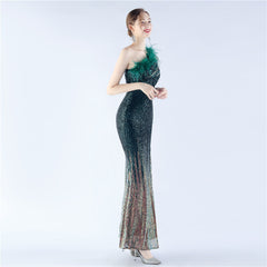 One-Shoulder Ombre Sequin Feather Dress
