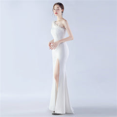 Ostrich Feather One-Shoulder Maxi Dress