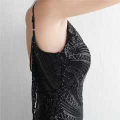 V-Neck Sequined Beaded Maxi Dress