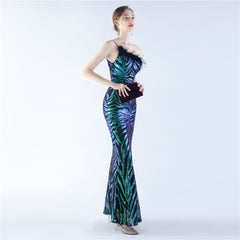 One-Shoulder Sequined Ostrich Feather Dress